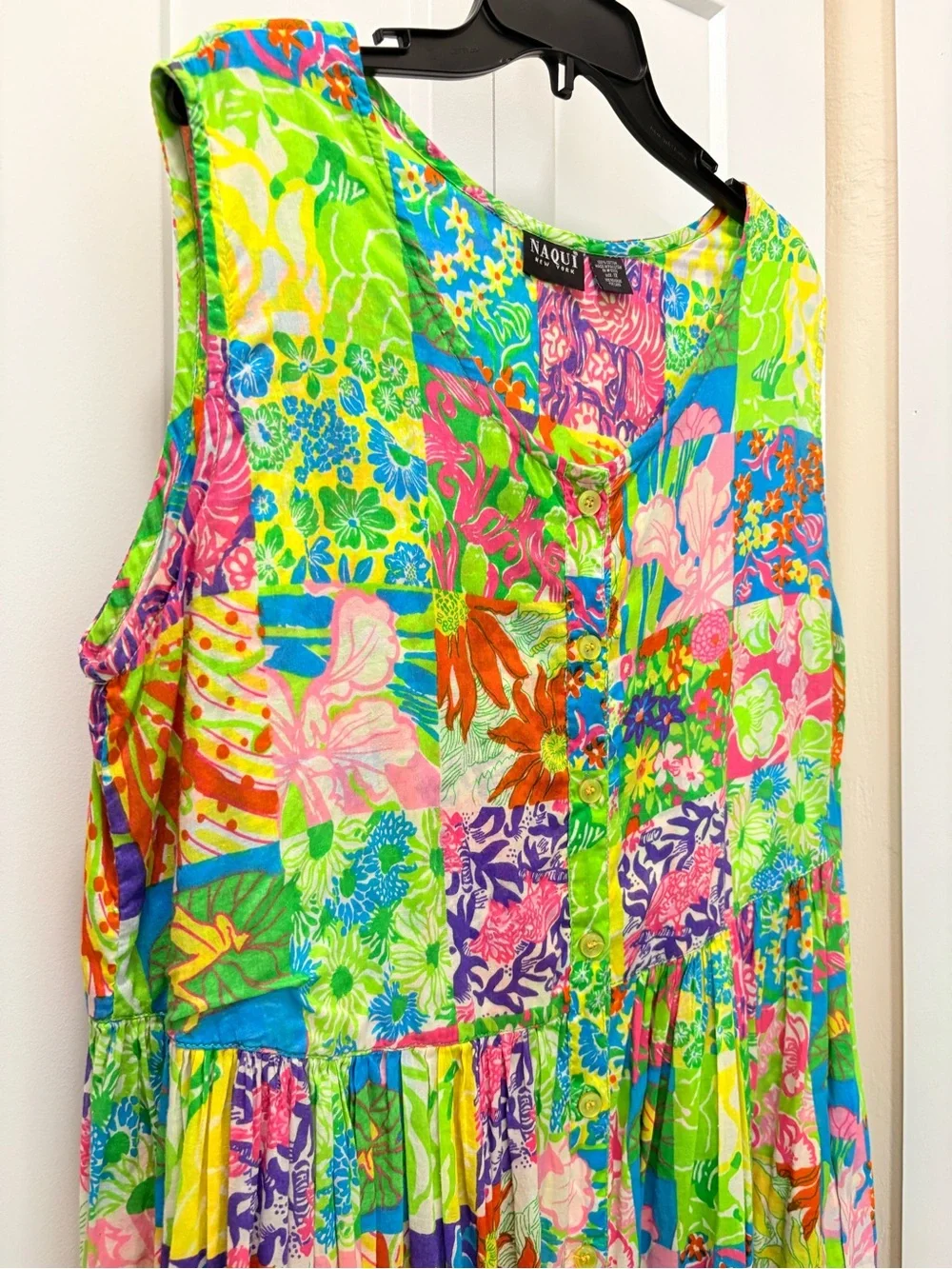 Naqui women’s Bright Floral Patchwork cottage maxi Sundress - Green Multi. 1X